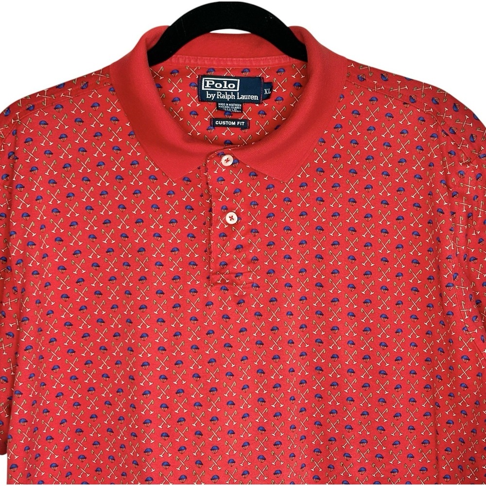 Ralph Lauren Custom Fit Polo Shirt XL Helmet Mallet Print AOP Red‎ Equestrian